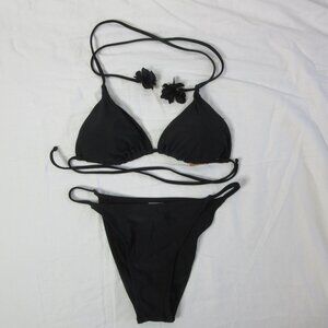 Shade & Shore wild fable 2 Piece Bikini Black String Flowers Size Small NWT